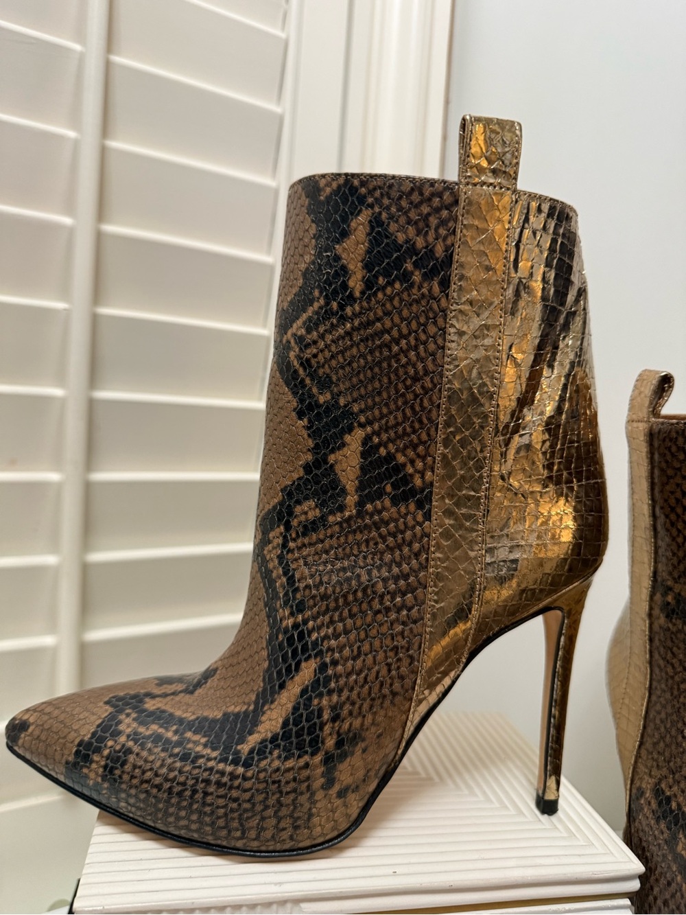 Paris Texas crafted in Italy Brown & Gold Snake-Print Stiletto Ankle Boot
